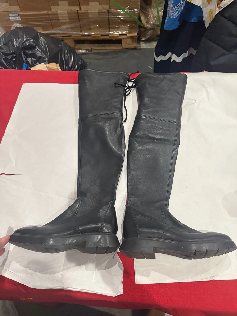 Stuart Weitzman Black Leather Over-the-Knee Lug-Sole Boots